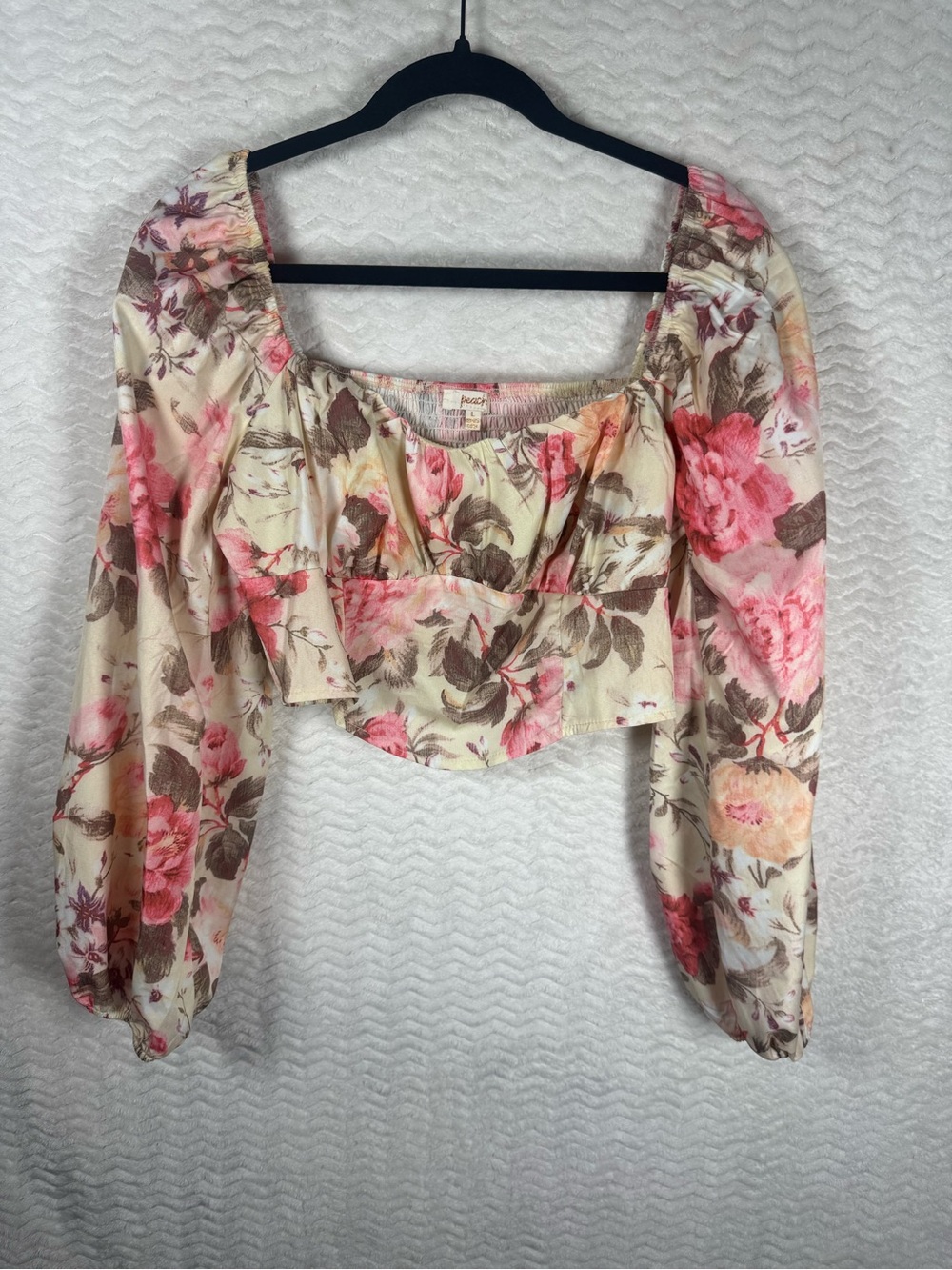 Floral Square-Neck Puff-Sleeve Crop Top - Pink & Cream